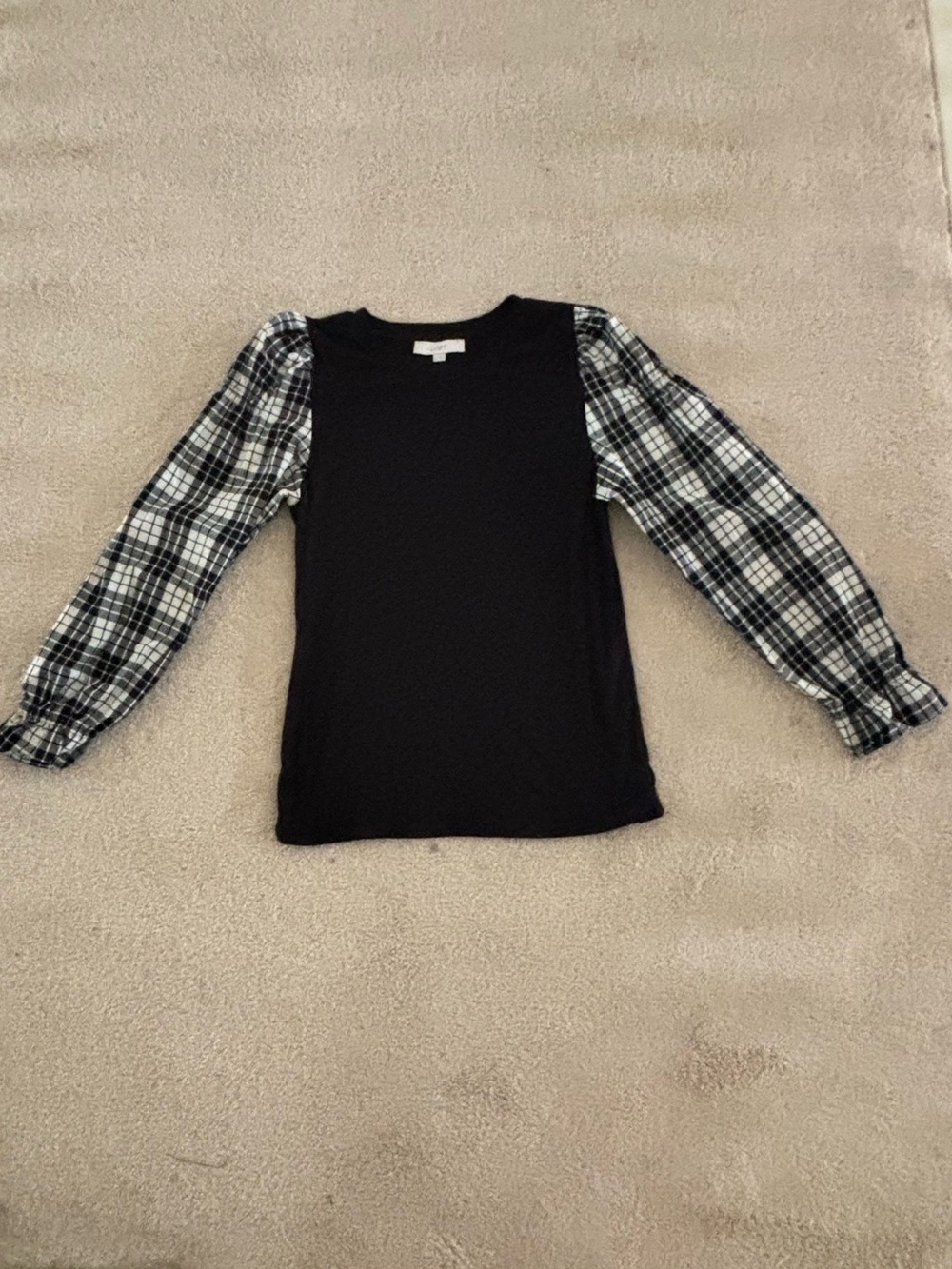 LOFT Black Top with Black-and-White Plaid Puff Sleeves